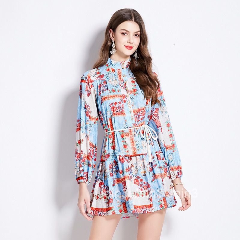 2514 Spring Summer New Womens Fashion Elegant Printed Long Sleeve Stand Collar Slim Fit Short Dress