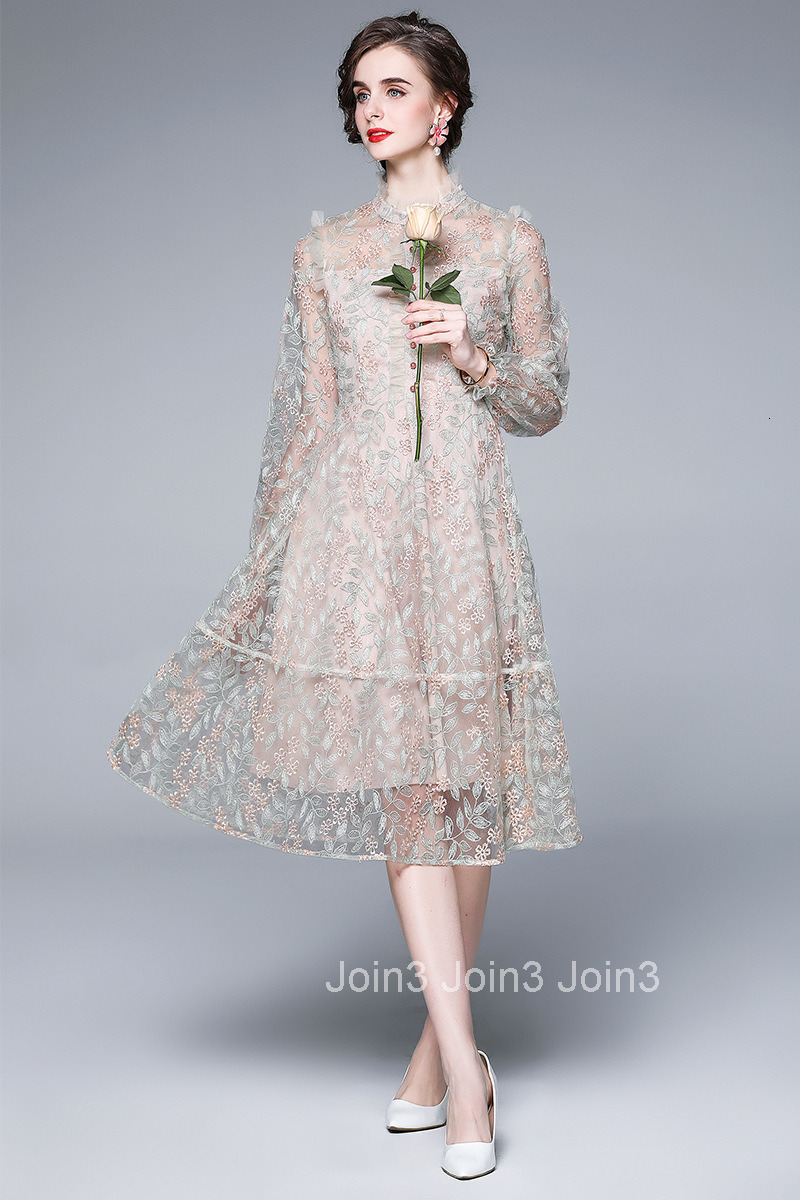 9943 Spring and Autumn womens clothing elegant mesh embroidery long sleeves slim fit slimming mid length dress