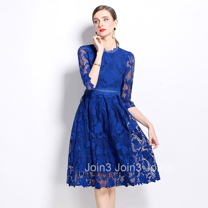 561 Autumn New Womens Fashion Mid-Length Sleeve Slimming Hollow Out Water-Soluble Lace Mid-Length Dress