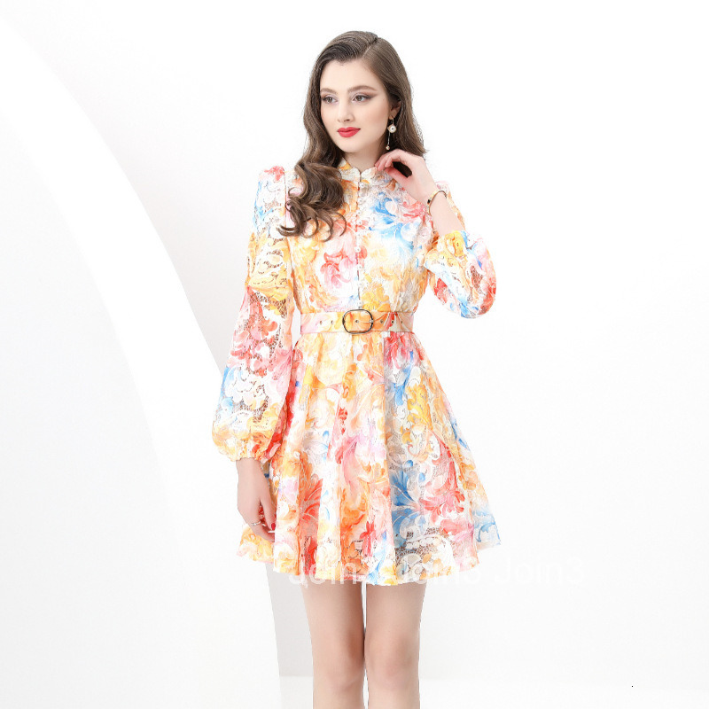 8847 Early Spring New Womens Fashion Elegant Lace Stand Collar Waist Cinching Lantern Sleeve Short Dress Printed Dress