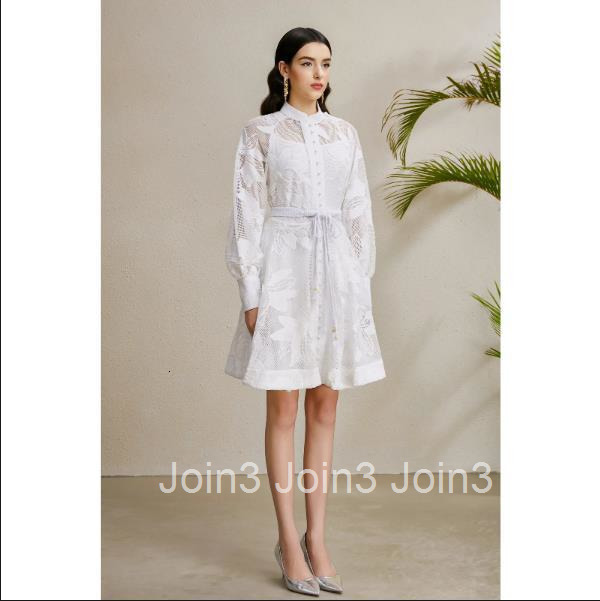 8872 Early Autumn Elegance Style Stand Collar Lantern Sleeve Gathered Wide Hem Three-Dimensional Lace Dress