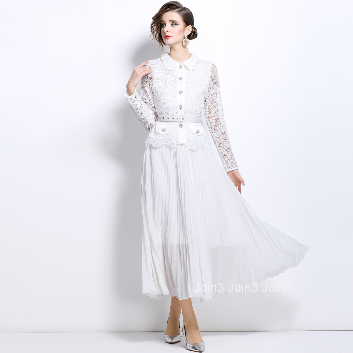 1676 autumn new womens clothing style hollow lace patchwork long sleeved pleated long skirt dress