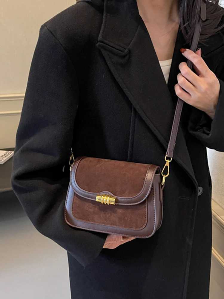 Textured Brown Crossbody Bags Women Autumn Winter Faux Suede Flap Design Small Square Pack Lady Casual Shoulder Bag Y250719