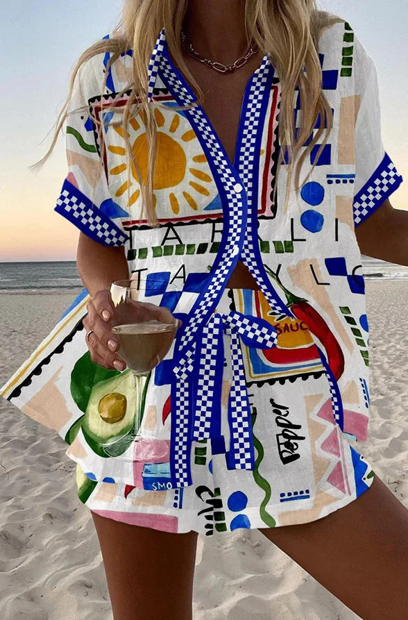 Summer Print Beach Holiday Set For Women Fashion Short Sleeve Buttoned Shirt Wide Legs Shorts Oversized Two Piece Set 250714