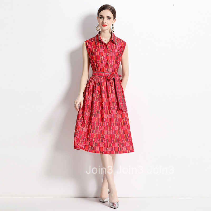 2052- Fashionable waist cinching slimming positioning printed sleeveless dress