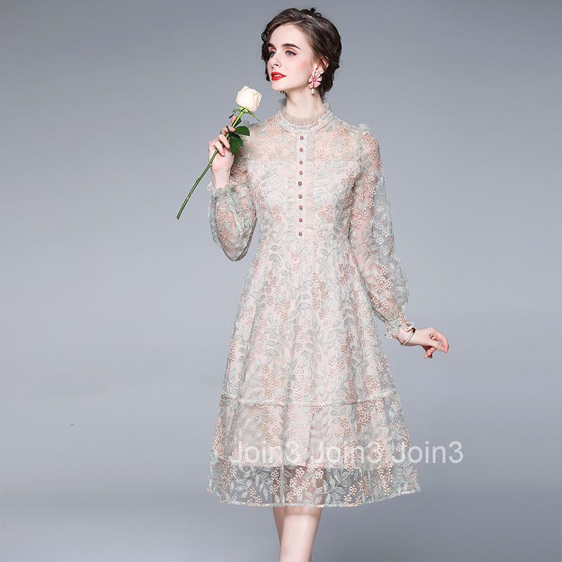 9943 Spring and Autumn womens clothing elegant mesh embroidery long sleeves slim fit slimming mid length dress