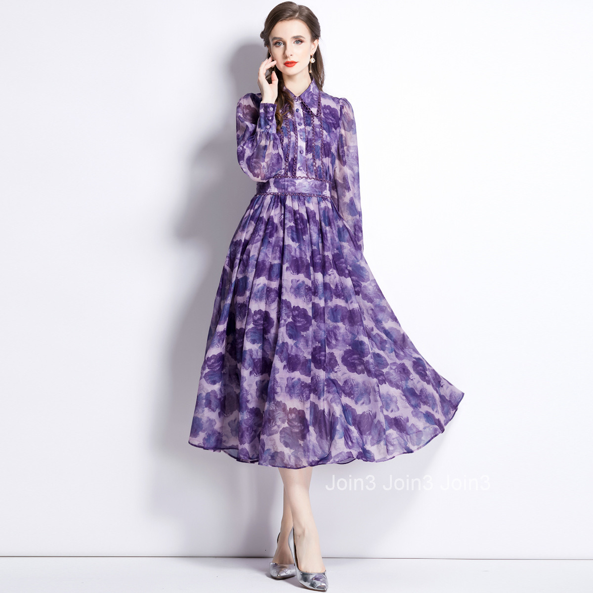 1998 Early Spring New Womens Vacation Style Printed Turn-Down Collar Long Sleeve Elegant Flared Long Dress