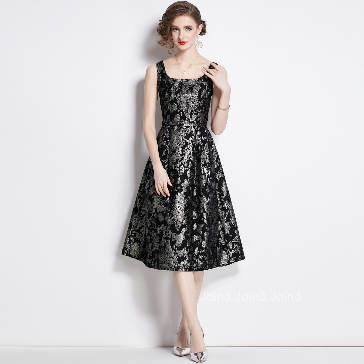 1626 Summer New Womens Fashion Jacquard Strap Waist Slimming Flared Mid-Length Dress