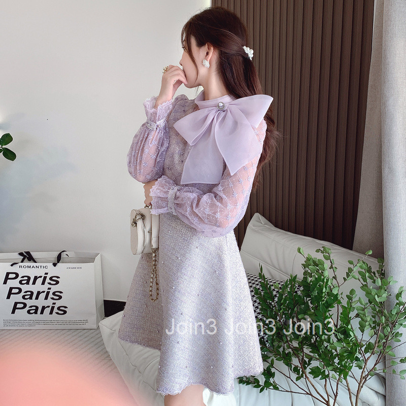 6966 autumn new womens clothing temperament nail bead mesh embroidered bow slim fit short skirt dress