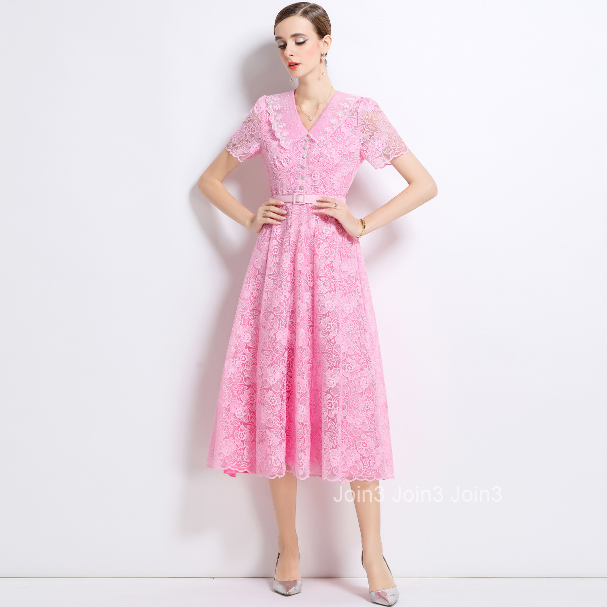 1501 Summer New Elegant Water-Soluble Lace Dress Short Sleeve Doll Collar Tie Waist Long Dress