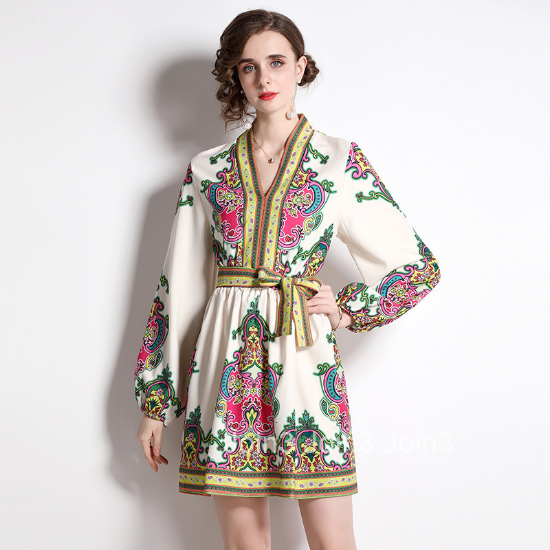 5602 Fashion Positioning Floral Slimming Elegant V-neck Belted Dress