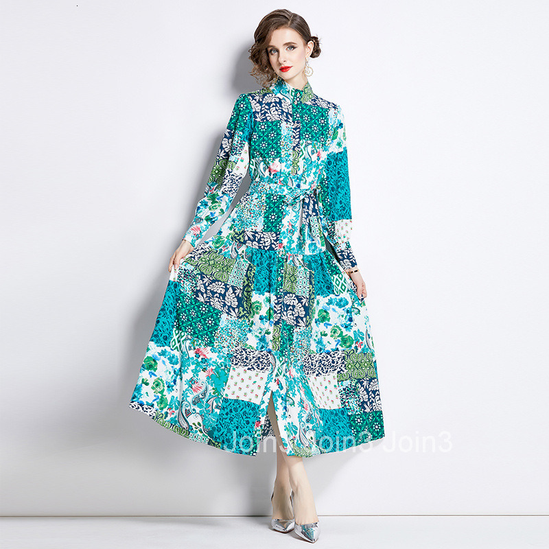 6945 Spring Summer New Womens Fashion Elegant Stand Collar Long Sleeve Slim Fit Printed Flared Long Dress