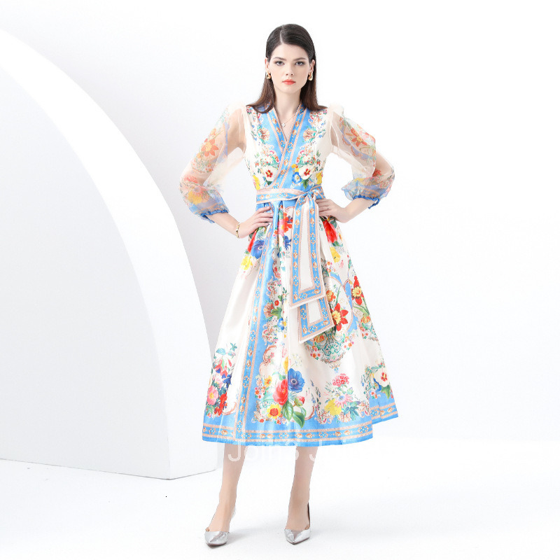 6016 Early Spring Vacation Wrap Tie Style Lantern Sleeve Long Printed Dress