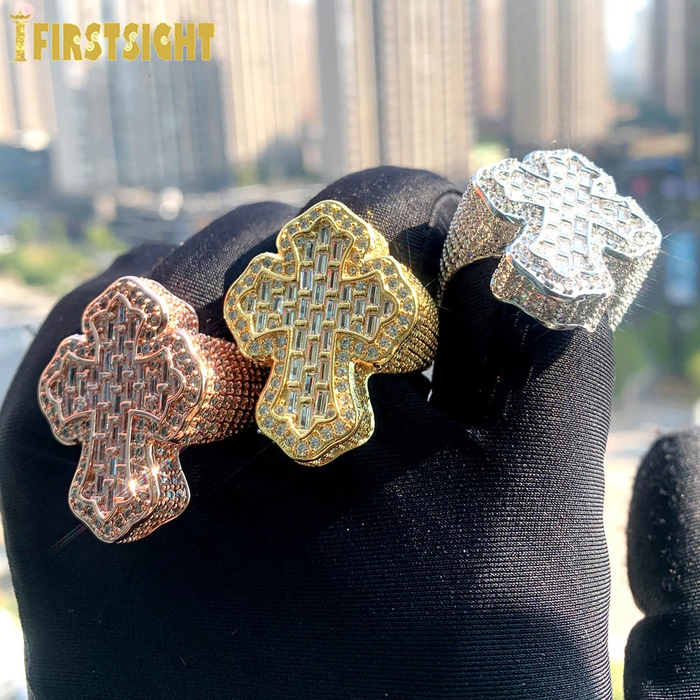 iced Out Bling Cross Finger Ring Silver Color Cubic Zirconia Prong Setting CZ Stone for Men and Women Hip Hop Fashion Jewelry 250717