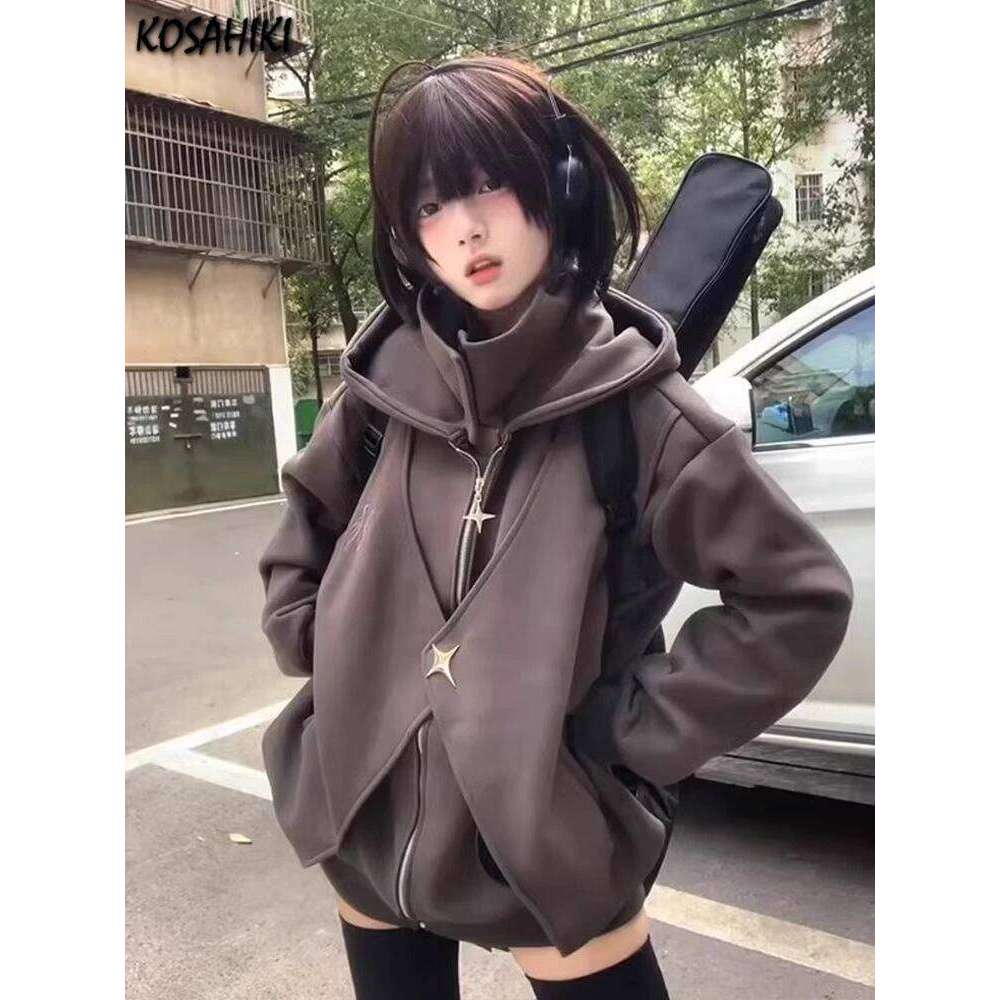 Fake Two Pieces Vintage Loose Zipper Sweatshirts Women Casual Streetwear Grunge Coats Y2k Aesthetic Oversized Stand Neck Hoodies