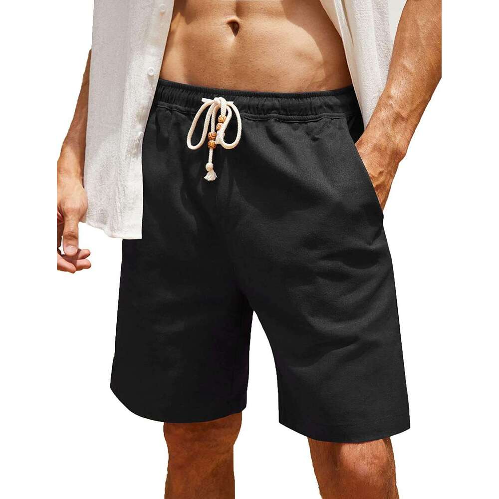 2023 Men's Cotton Linen Drawstring Plus Size Pocket Casual Shorts