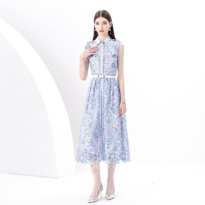 6196 Early Spring New Womens Fashion Elegant Lace Collar Waist-Cinching Sleeveless Long Dress Printed Dress