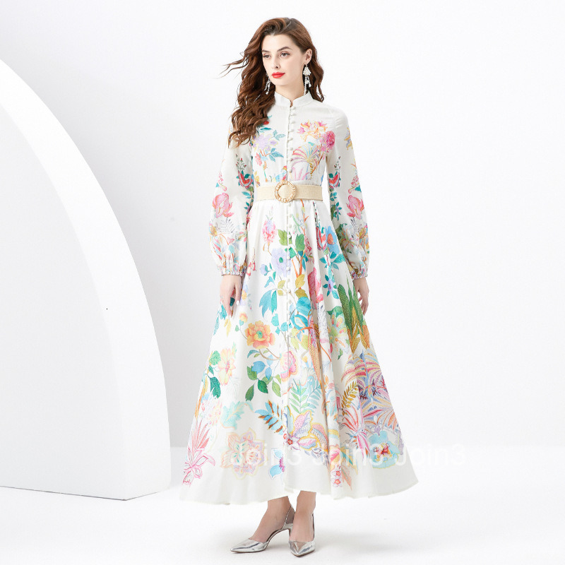 6236 Spring Summer New Womens Clothing Elegance Style Stand Collar Lantern Sleeve Flared Long Dress Printed Dress