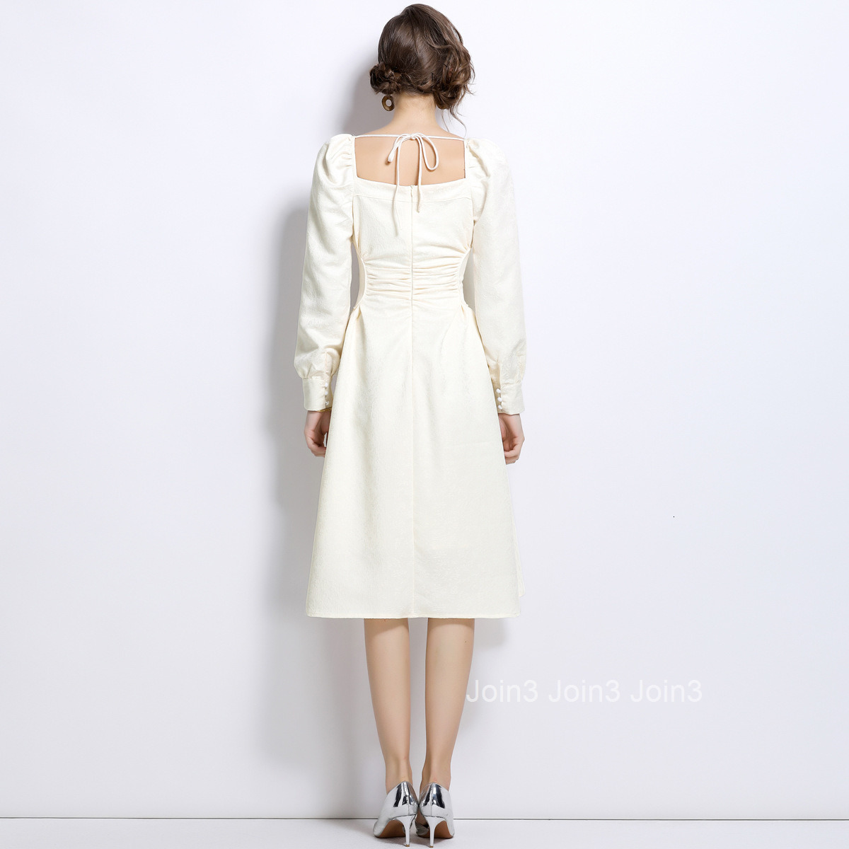 6895 Autumn New Womens Jacquard Nail Diamond Rice White Bubble Sleeve Dress with Mid length Waist