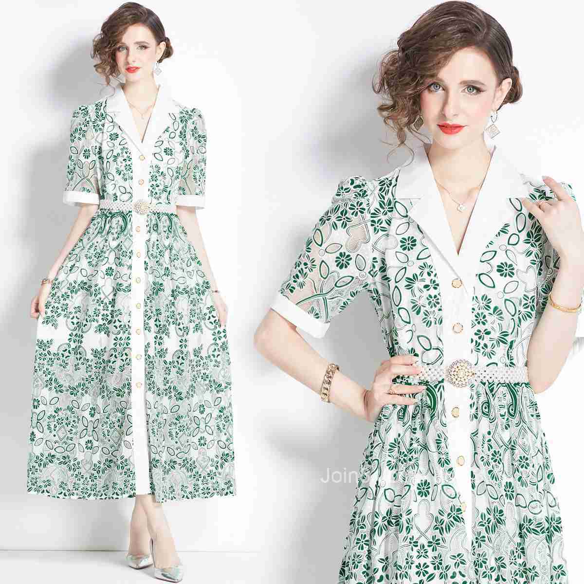 1644 Summer New Womens Casual Collar Single breasted Short sleeved Mesh Hollow Embroidered Dress