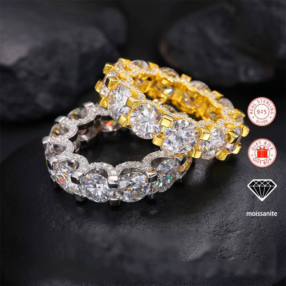 2ct 8.0mm Main Stone Inlaid Moissanite Ring for Men 18K Gold-Plated S925 Sterling Silver Ring Hiphop Style Rings