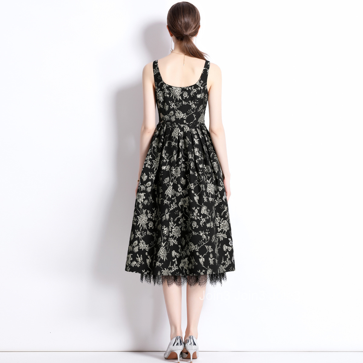 1968 Summer New Womens Fashion Elegant Jacquard Strap Waist Slimming Flared Mid-Length Dress
