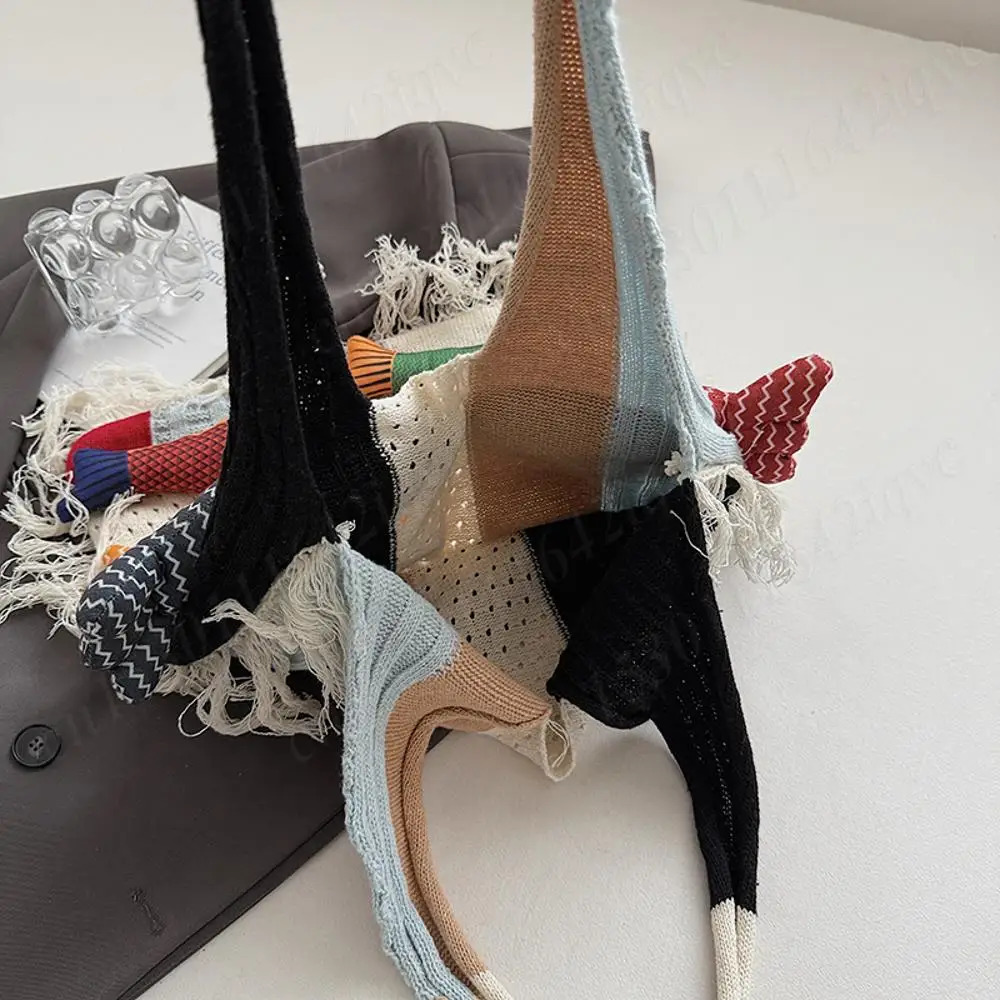 Crochet Summer Handbag Women Patchwork Large Capacity Shoulder Boho Style Cute Knitted Beach Tote Bag with Handmade Doll Fish 250717