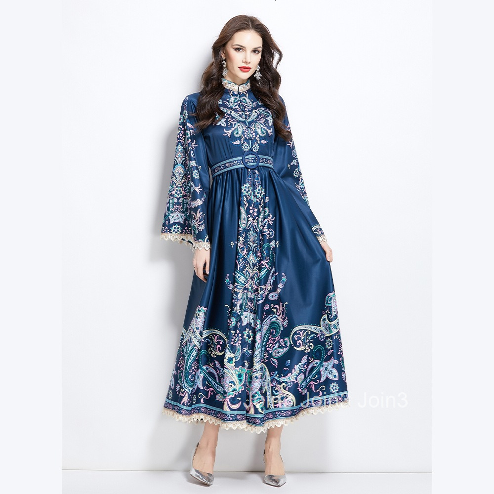 2713 Spring Summer Vacation Ethnic Style Floral Lace Patchwork Long Stand Collar Dress