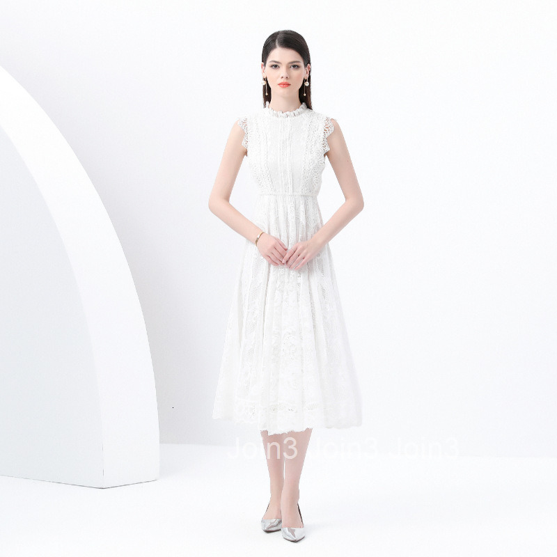 8832 Spring Summer New Womens Vacation Round Neck Gathered Lace Sleeveless Trim Midi Dress