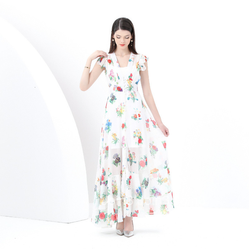 6092 Early Spring New Womens Fashion V-neck Flared Long Dress Elegant Floral Dress Two-piece Set