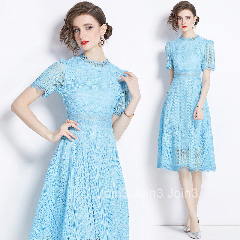 530 Summer New Womens Fashionable Short Sleeve Waist-Cinching Hollow Out Water-Soluble Lace Mid-Length Dress