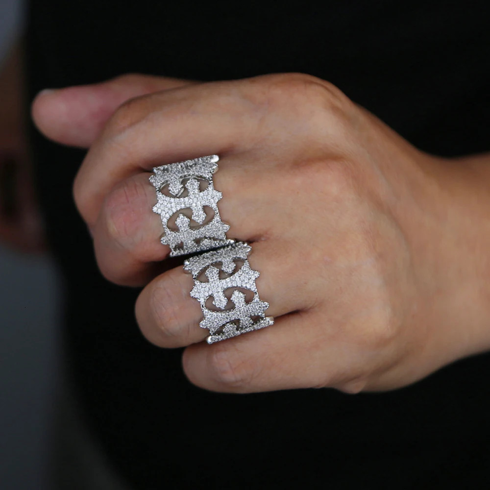 iced Out Cross Ring for Men Women Bling Micro Pave Silver Color Hollow Cross Finger Hip Hop Fashion Jewelry 250717