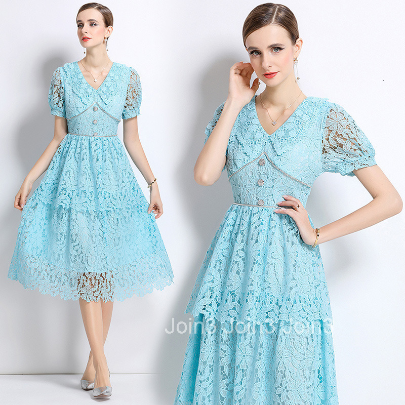 712 Short Sleeve Slimming Hollow Out Water-Soluble Lace Trim Mid-Length Dress