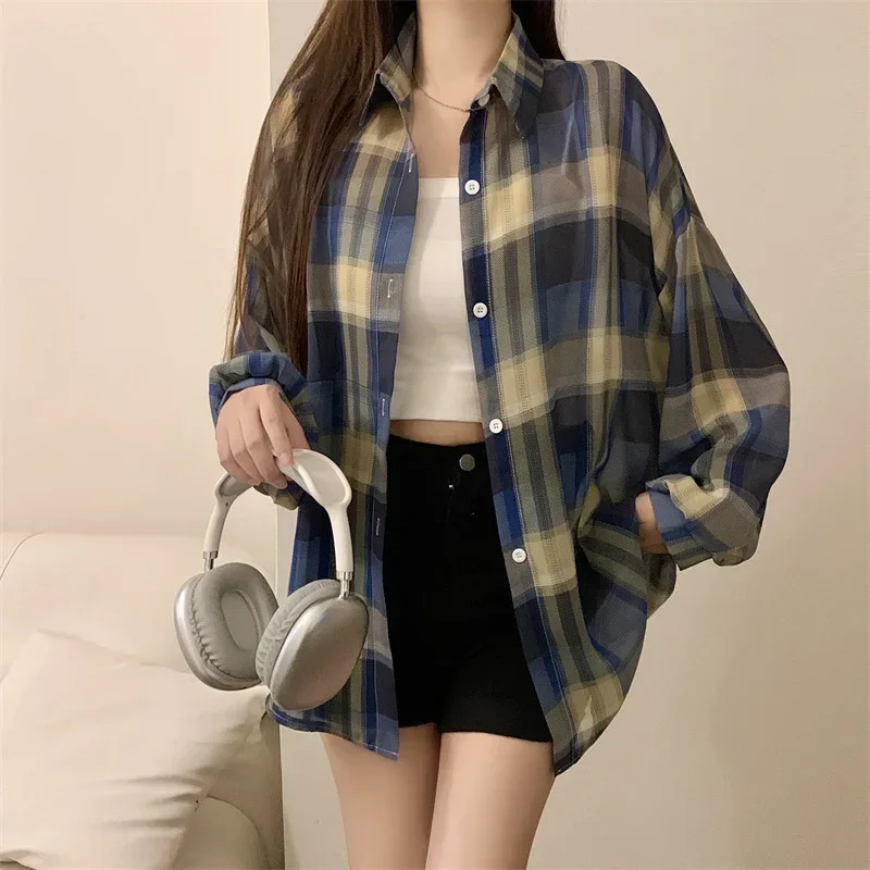 Top Sheer Chiffon Plaid Shirt Long Sleeve Button Up Collared Oversize Checked Shirts and Blouse Summer Casual Outfit 250717