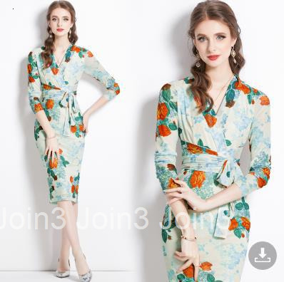 9038 Spring Summer New Womens Fashion Elegant Printed Dress V-neck Long Sleeve Tie Slim Fit Mid-length Dress