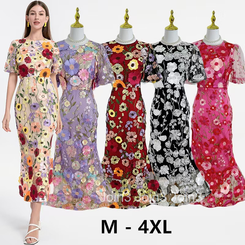 597 Heavy Craft Handmade Three-Dimensional Colorful Embroidery Puff Sleeve Bodycon Elegant Mermaid Dress