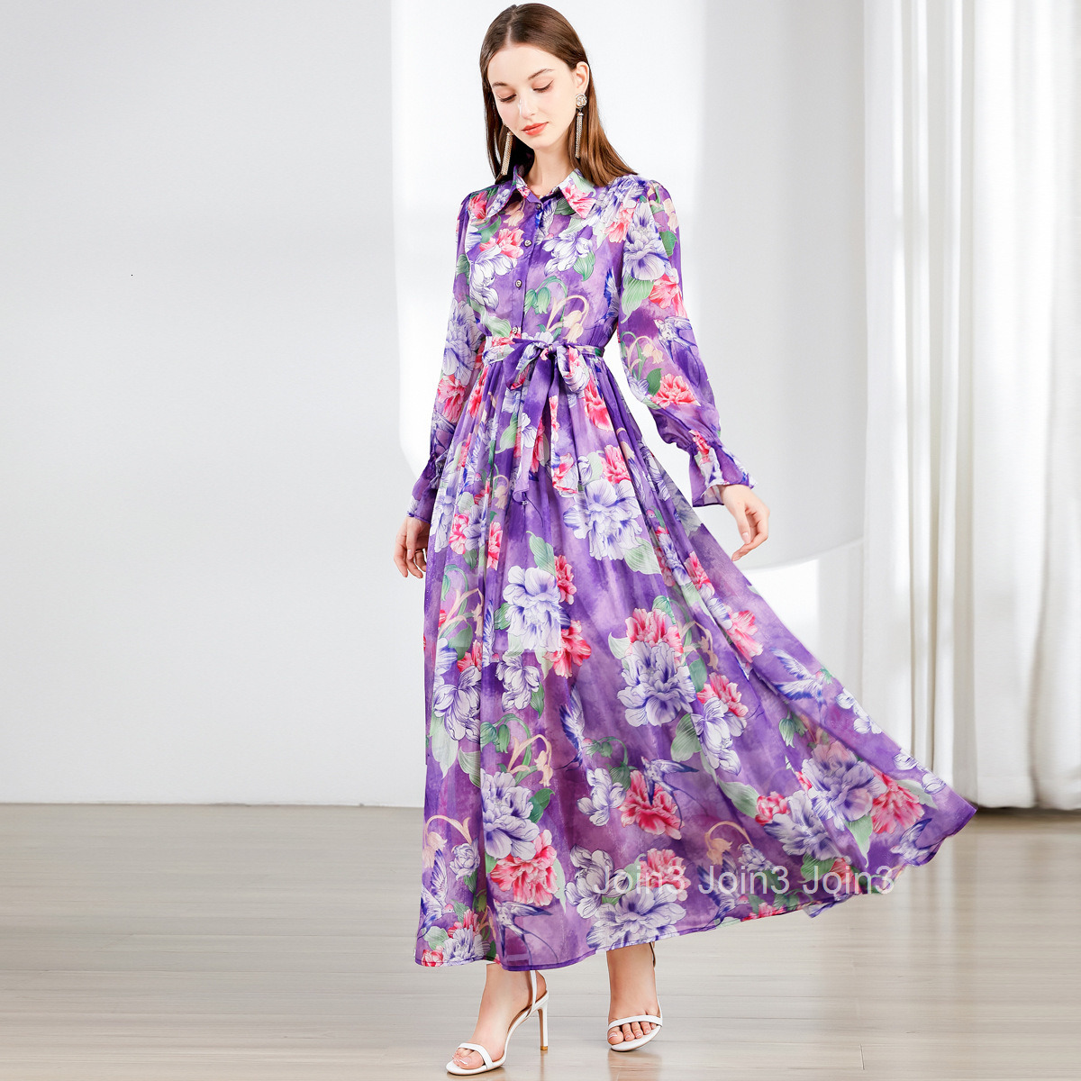 6854 Spring and Autumn New Womens Clothing Pastoral Style Printed Flared Long Dress with Turn-Down Collar and Bell Sleeves