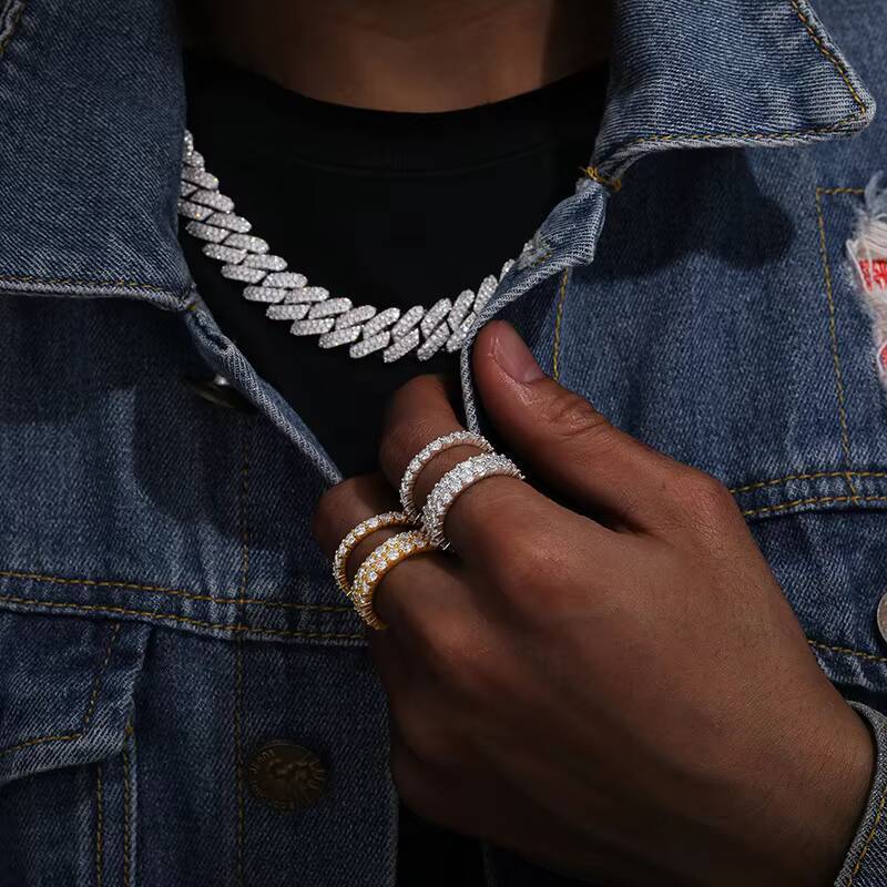 Hip Hop VVS D Color Moissanite Full Eternity Diamond Ring Double Row Wedding S925 Sterling Silver Iced Mens Ring for Parties