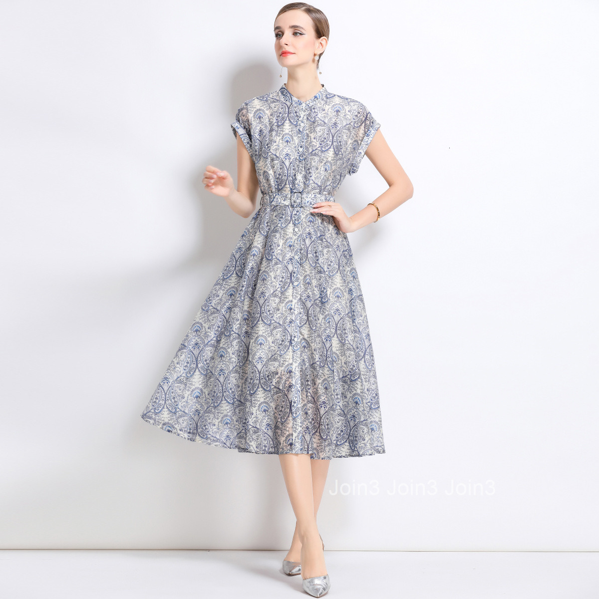 5880 Waist-Cinching Shirt Linen Dress for Women 2025 Summer New Elegant Printed Mid-Length Dress with Lining