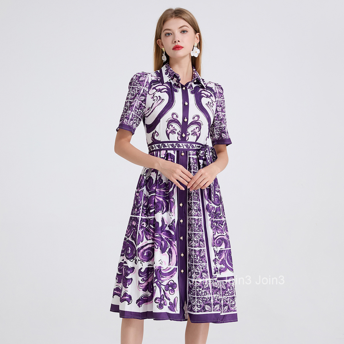 632 Summer New Product Positioning Printed Collar Strap Waist Shirt Dress Large Swing A-line Skirt