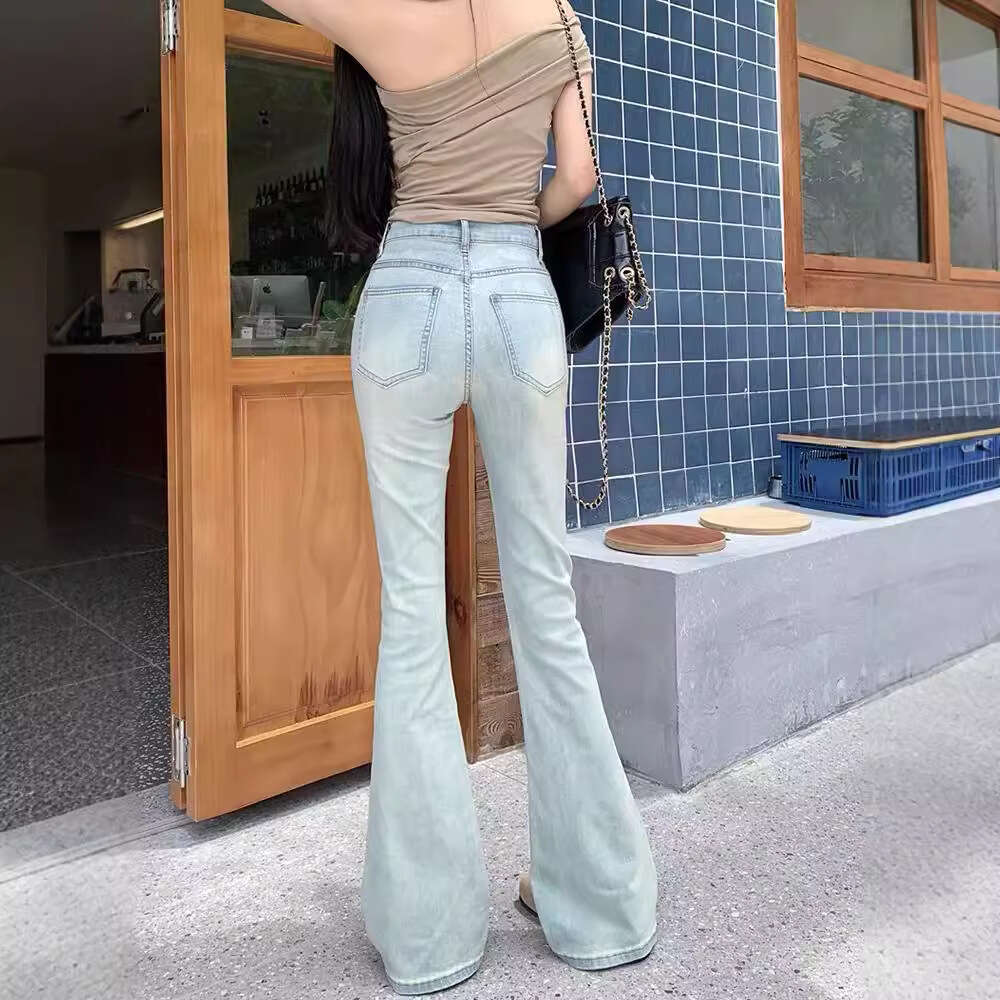 Light Color Printed Rose Flared Jeans for Women High Waist 2024 Autumn New Elastic Slim Fit Slimming Floor-Length Bell-Bottom Pants