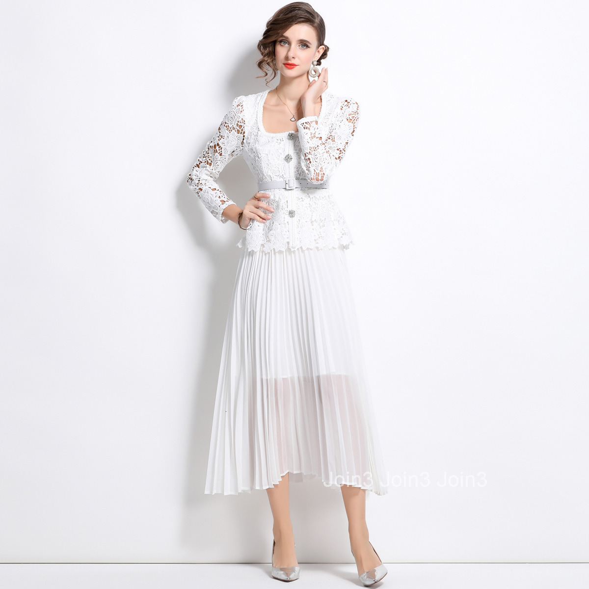 1673 autumn new womens clothing temperament white square collar lace patchwork dress slim fit waist cinching pleated skirt