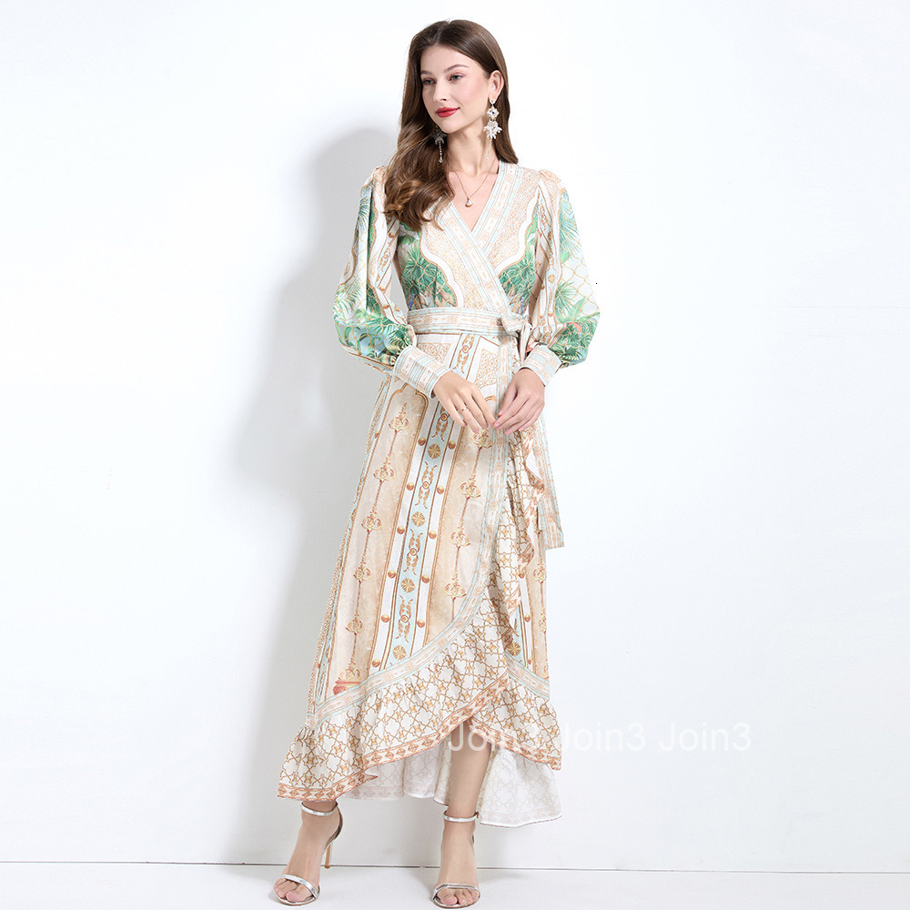 2124 Spring/Summer New Womens Dress with Cross Collar Printed Lace Waist and Ruffle Edge