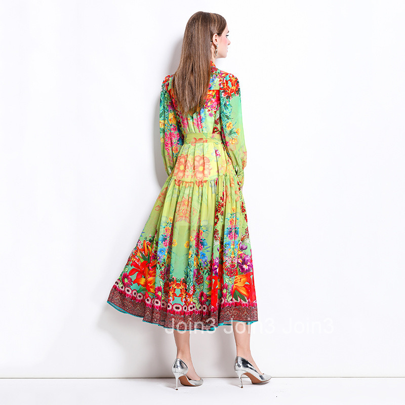 1247 Spring Summer New Chiffon Stand Collar Lantern Sleeve Printed Long Dress