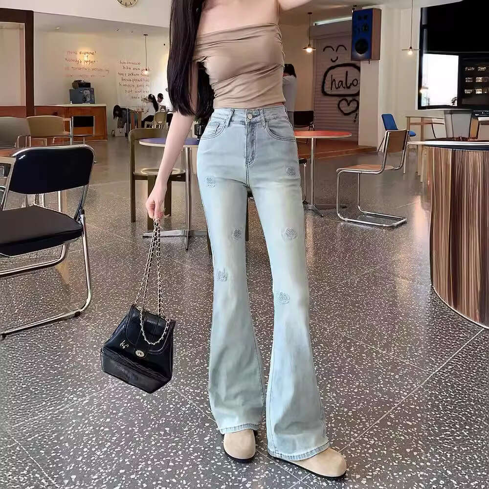 Light Color Printed Rose Flared Jeans for Women High Waist 2024 Autumn New Elastic Slim Fit Slimming Floor-Length Bell-Bottom Pants