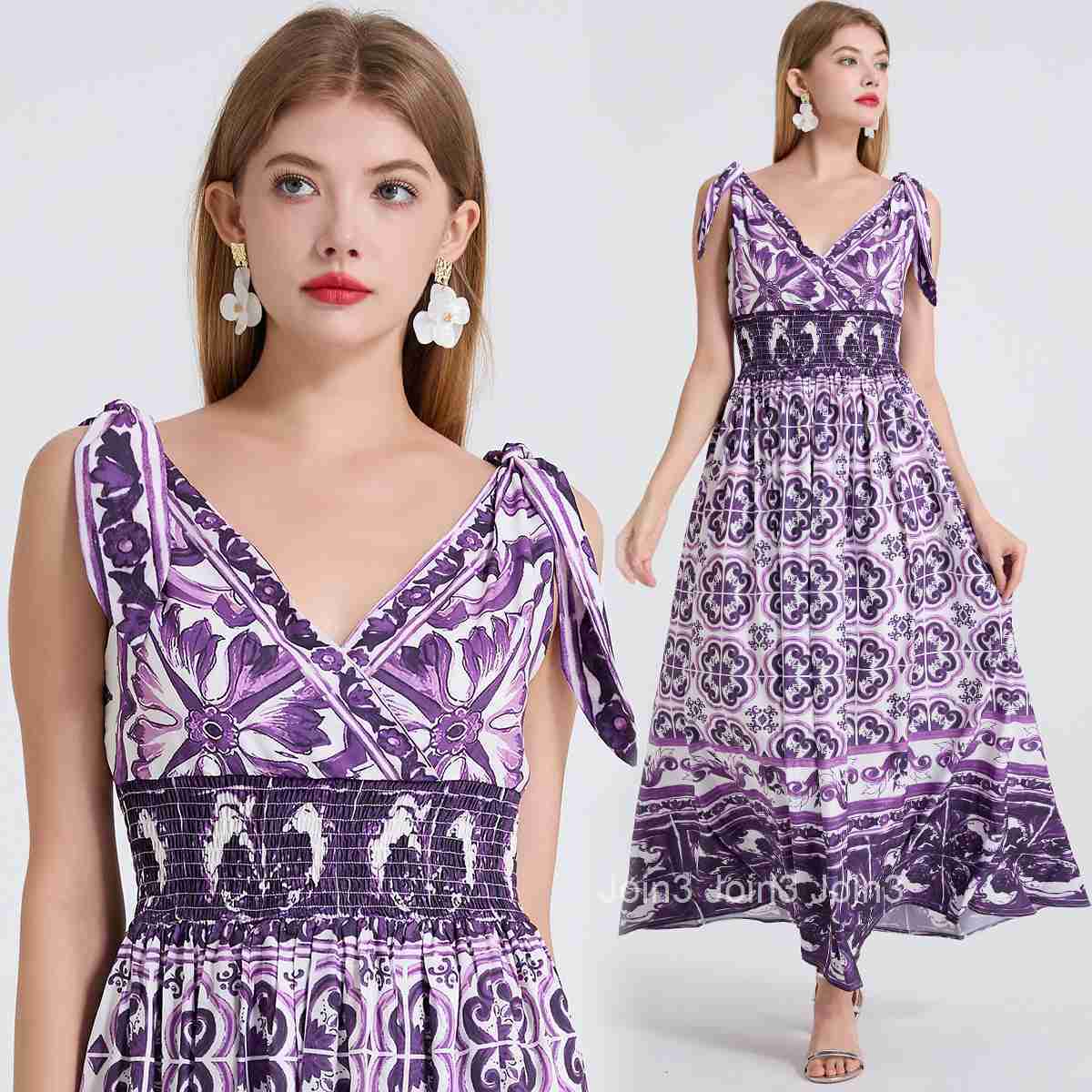 499 Summer Sexy V-neck Printed Elastic High-waisted Dress with Bow Tie Slim Fit Flared Dress