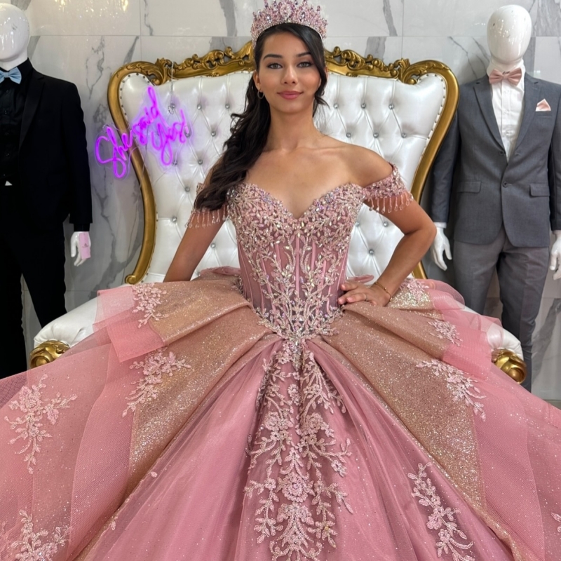 Pink Shiny Quinceanera Dresses Ball Gown Off The Shoulder Applique Lace Beading Bow Tull Party Birthday Sweet 16 Dress Vestidos 15 Anos