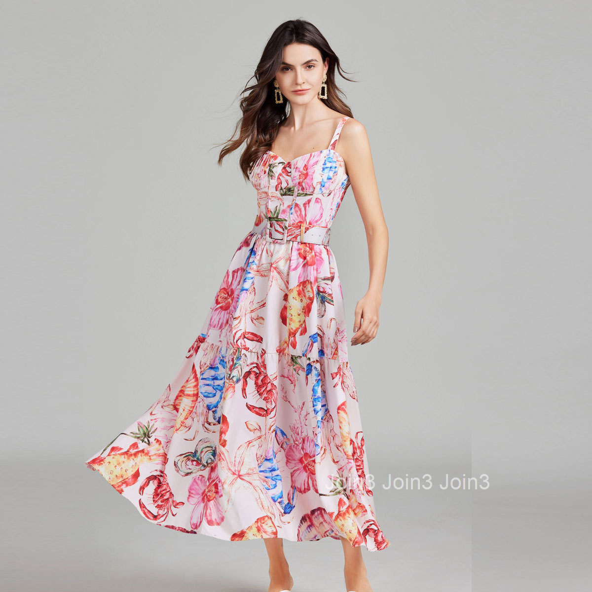 042 summer new womens printed sexy suspender long skirt dress with fishbone slim fit and belt