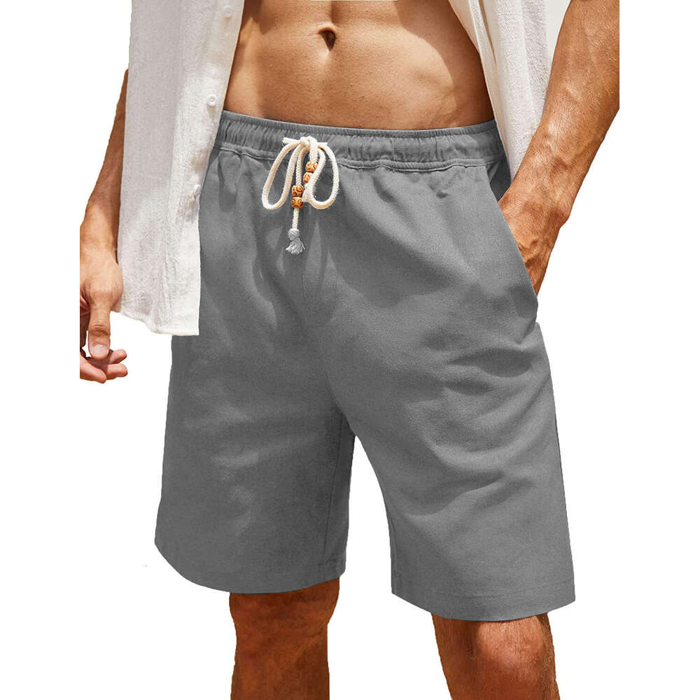 2023 Men's Cotton Linen Drawstring Plus Size Pocket Casual Shorts