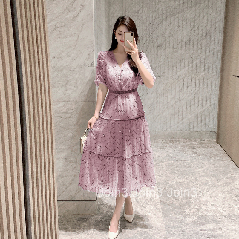 7075 Summer French Elegant Heavy Embroidery Polka Dot Mesh Mid-Length Dress